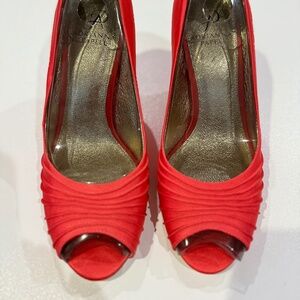 Adrianna Papell Red Satin Peep Toe Heels | Elegant Pleated Dress Shoes | Wedding